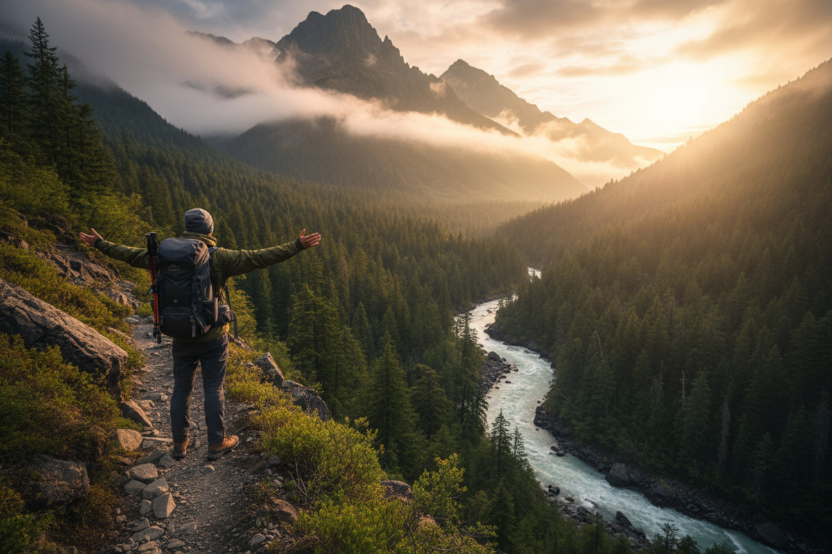 Person with a backpack standing on a mountain path overlooking a river and forest at sunset.